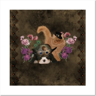 Cute Spaniel puppy and cat with steampunk hats Posters and Art